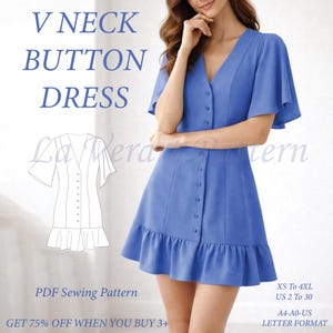 V Neck Button Front Mini Dress Sewing Pattern PDF, Flutter Sleeve, Ruffle Hem A Line Summer Dress Pattern for Women, (US2-US30 / XS-4XL)
