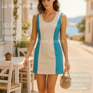 May include: A cream-coloured scoop neck mini dress with turquoise side panels. The sleeveless dress has a simple design. The image also includes text that says "La Verart Pattern" and "PDF Sewing Pattern".