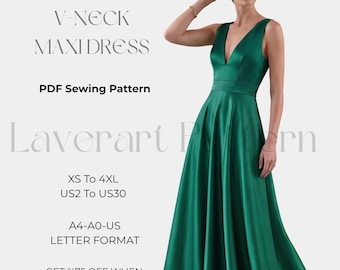 Plunging V Neck Maxi Dress Pattern, Elegant Evening Gown Women’s Dress Pattern, PDF Download, Size: XS-4XL