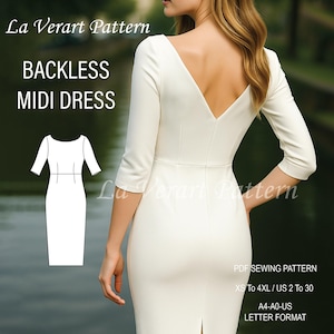 Backless Midi Dress Sewing Pattern | Civil Wedding Guest Dress | Evening Gown Dress Pattern | Formal Dress Pattern, Size: US 2 to 30