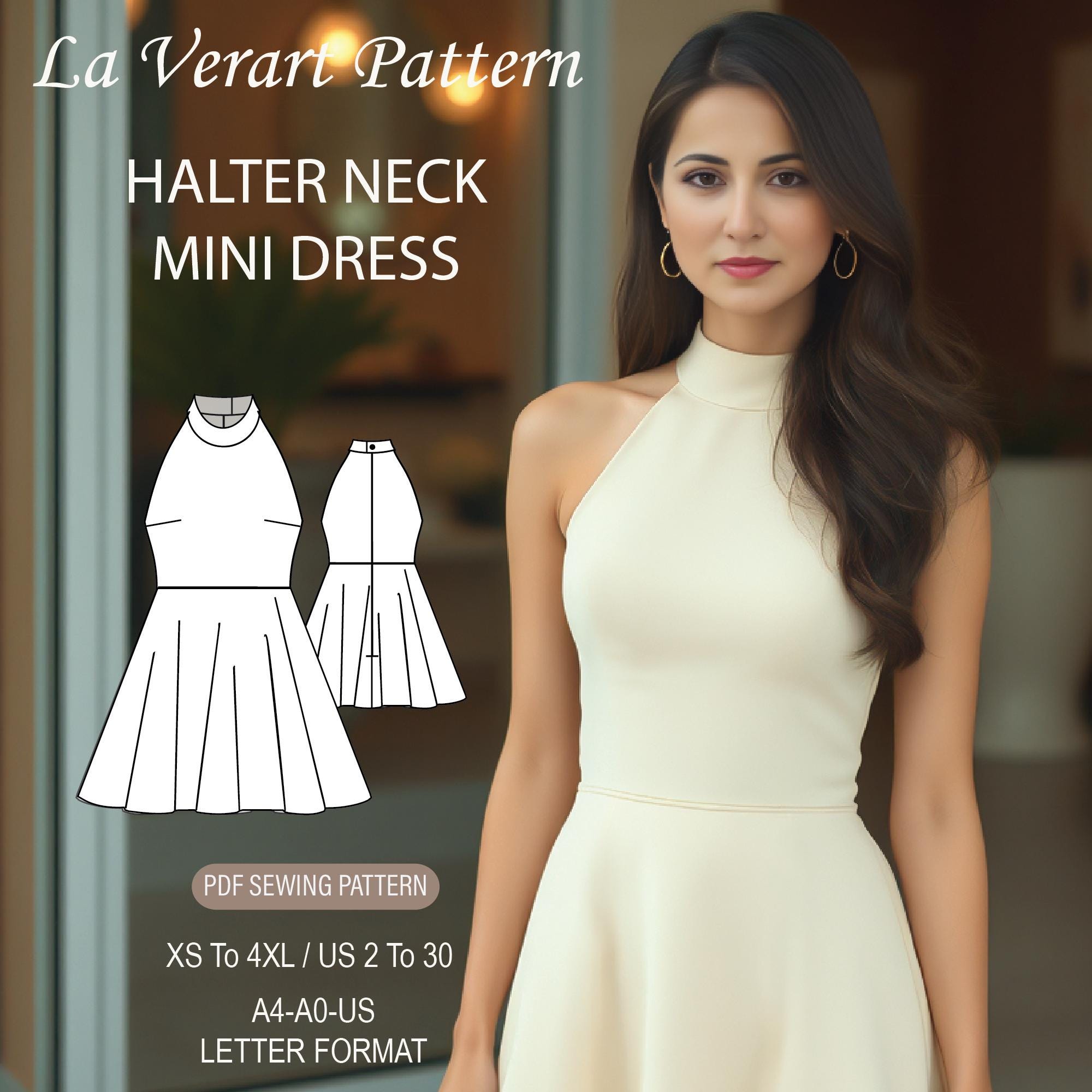 Halter Neck Mini Dress Sewing Pattern: US Size 2-30 (PDF Pattern)