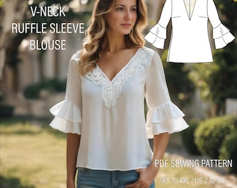 Linen V-neck Ruffle Sleeve Blouse Sewing Pattern (PDF)