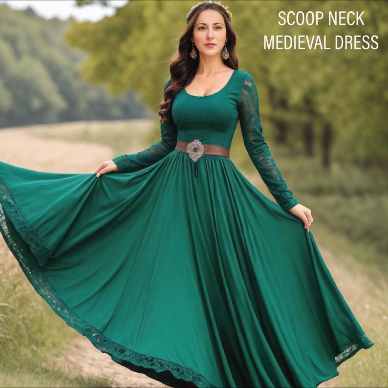 May include: A green medieval dress with long sleeves and a scoop neck. The dress has a brown belt with a silver buckle and lace trim at the hem. The dress is worn by a woman with long brown hair and a crown.