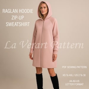 Könnte beinhalten: Ein hellrosa Raglan-Hoodie-Sweatshirt mit Reißverschluss und durchgehendem Reißverschluss. Das Kleidungsstück hat eine Kapuze und lange Ärmel. Der Text "RAGLAN HOODIE ZIP-UP SWEATSHIRT" steht oben, und "La Verart Pattern" ist kursiv geschrieben. Der Text "PDF SEWING PATTERN" ist ebenfalls sichtbar.