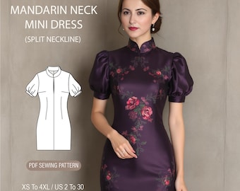 China cheongsam dress sewing pattern, puff sleeve chinese vintage dress , tea ceremony dress, mandarin neck-Ladies PDF Size; US2 to 30
