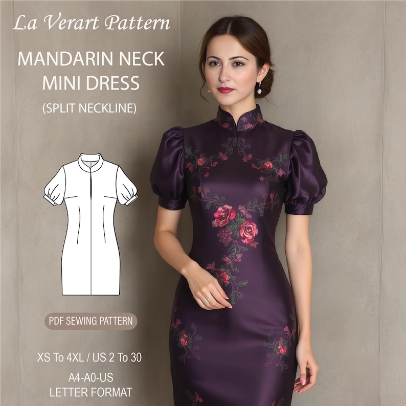 Mandarin Neck China Cheongsam Dress Sewing Pattern, Short Bishop Sleeve ...