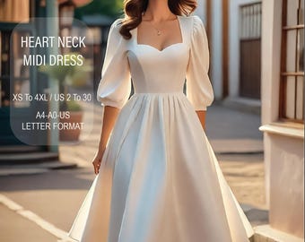May include: A PDF sewing pattern for a white midi dress with a heart-shaped neckline and puff sleeves. The pattern is available in sizes XS to 4XL and US sizes 2 to 30. The pattern is in A4-A0-US letter format.