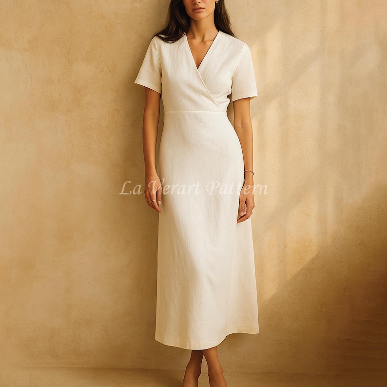 May include: A white wrap dress with short sleeves and a V-neck. The dress has a midi length and a simple, elegant design. The text "La Verart Pattern" is visible on the dress.