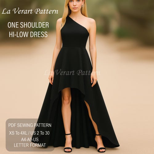 One shoulder evening gown sewing pattern, high low dress prom dress  pattern, wedding guest dress pattern, Size: A0 A4 US Letter-US 2 to 30