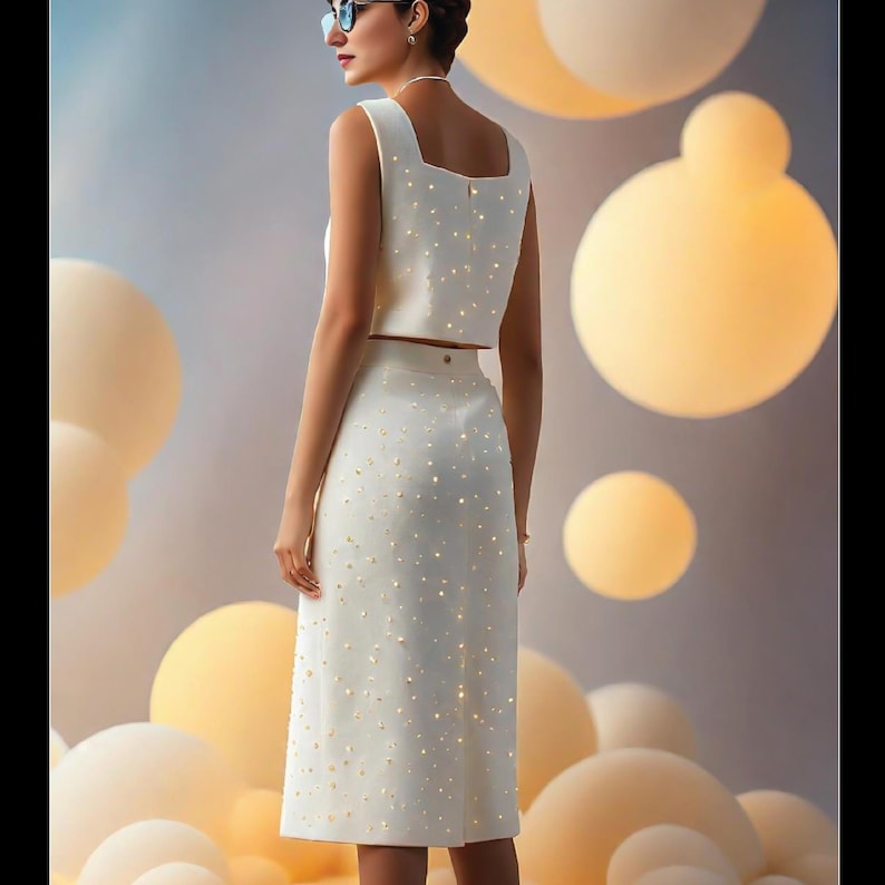 May include: A white sleeveless crop top and matching skirt with a subtle shimmer. Both pieces are adorned with small, evenly spaced, light-colored dots.