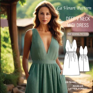 Patrón de costura de vestido midi fruncido con escote en V, patrón de vestido de lino con mangas raglán, patrón PDF de vestido bohemio de verano, tamaño A0, A4, carta de EE. UU., talla 2 a 30 de EE. UU.