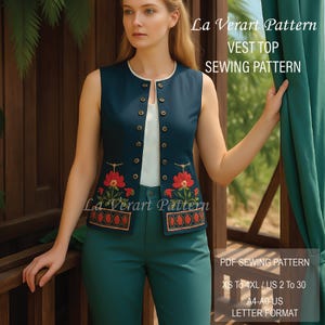 May include: A teal vest top sewing pattern with red floral embroidery and gold buttons. The text "La Verart Pattern" is visible. The pattern is available in sizes XS to 4XL, US sizes 2 to 30, and A4-A0-US letter format.
