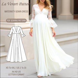 Könnte beinhalten: Ein Schnittmuster für ein weißes Schwangerschaftskleid. Das Schnittmuster umfasst die Größen XS bis 4XL, deutsche Größen 32 bis 50. Das Schnittmuster ist im Format A4, A0 und Letter erhältlich.