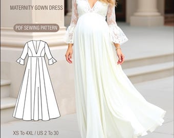 Bell Sleeve Maternity Gown Sewing Pattern: V-Neck Full Circle Dress (PDF Pattern)