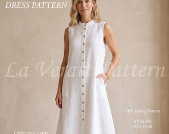Summer Dress Pattern | Sleeveless A-Line Midi Dress | Rounded Stand Collar Dress | Front Button Dress Sewing Pattern | Sizes XS-4XL