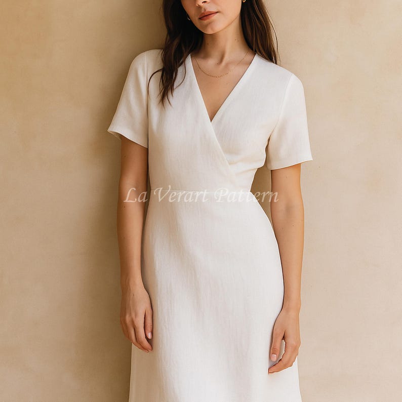 May include: A white wrap dress with short sleeves. The dress has a V-neckline and a flowing skirt. The text "La Verart Pattern" is visible on the dress. The dress appears to be made of a lightweight fabric.