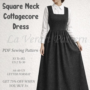 Puede incluir: Vestido cottagecore de cuello cuadrado gris oscuro. El vestido tiene un corpiño ajustado y una falda fluida. La imagen incluye el texto "Square Neck Cottagecore Dress", "PDF Sewing Pattern" e información de tallas.