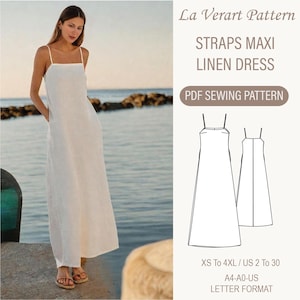 Patrón de costura para vestido largo de lino, patrón de vestido de verano con tirantes, patrón de vestido holgado, talla: A0, A4, carta de EE. UU., talla 2 a 30 de EE. UU.