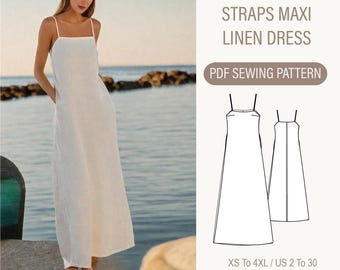 Linen Maxi Dress Sewing Pattern, Straps Summer Dress Pattern, Loose Dress Pattern, Size: A0 A4 US Letter-US 2 to 30