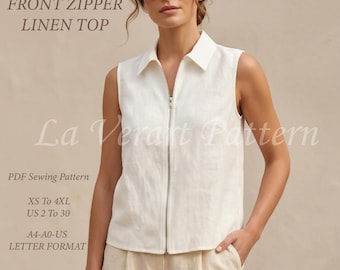 Front Zipper Linen Top Sewing Pattern | Sleeveless Collar Blouse PDF | Women’s Summer Top | Size: US 2 to 30 - A0, A4, US Letter