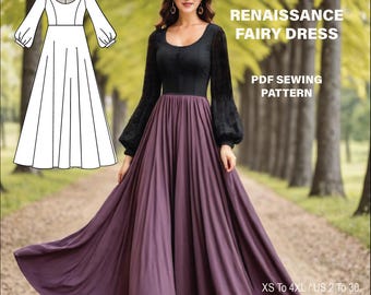 Renaissance Fairy Dress Sewing Pattern: Long Sleeve Medieval Gown US 2 - 30
