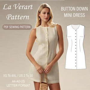 Puede incluir: Un patrón de costura PDF para un vestido mini con botones. El patrón incluye tallas XS a 4XL, tallas españolas 34 a 52. El patrón está disponible en tamaños A4 y A0 y está en formato carta.