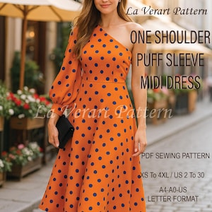 May include: Orange midi dress with a one-shoulder design and a puff sleeve, adorned with navy blue polka dots. The dress features the text "ONE SHOULDER PUFF SLEEVE MIDI DRESS" and is a PDF sewing pattern, available in sizes XS to 4XL.