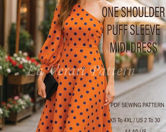 One Shoulder Puff Sleeve Dress Sewing Pattern: Prom Dress Pattern for Women, Sizes XS–4XL