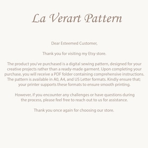 Puede incluir: Anuncio de patr&oacute;n de costura digital color crema con el texto "La Verart Pattern" en una fuente decorativa. El texto incluye un saludo al cliente, informaci&oacute;n sobre el patr&oacute;n PDF y formatos de impresi&oacute;n.