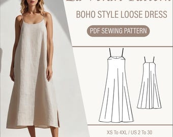 Puede incluir: Un patrón de costura digital para un vestido holgado de estilo boho. El patrón incluye instrucciones para las tallas XS a 4XL, tallas españolas 34 a 52. El patrón está disponible en formato A4, A0 y carta.