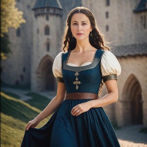 May include: A woman in a blue and white medieval dress with a gold cross on the bodice and a brown belt. She is standing in front of a stone building.
