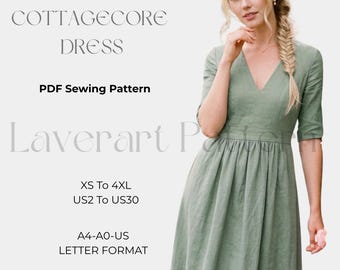 V Neck Maxi Dress Sewing Pattern PDF, Fitted Sleeve Gathered Waist Long Dress for Women, Boho Cottagecore Dress, XS-4XL, A4 A0 US Letter