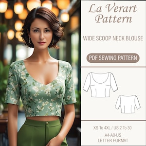 Patrón de costura de top corto con escote redondo, patrón de blusa ajustada con flores, top corto de verano, camisa formal de oficina, tamaño: A0 A4 Carta de EE. UU. - EE. UU. 2 a 30