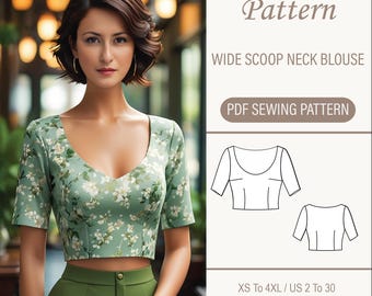 Scoop Neck Crop Top Sewing Pattern: Floral Blouse (A0 A4 US Letter) (Digital Download)