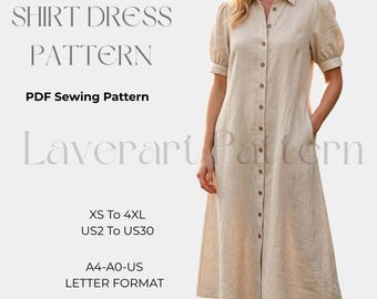 Shirt Dress Sewing Pattern, Button Down Midi Dress PDF Pattern, Collared Dress Pattern,Size:  US 2-30, A4 A0 US Letter