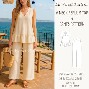 Linen Peplum Top and High Waist Summer Pants Set Sewing Pattern, Size: US 2 to 30 (XS to 4XL) for A0-US Letter & A4 Format