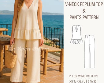 Linen Peplum Top and High Waist Summer Pants Set Sewing Pattern, Size: US 2 to 30 (XS to 4XL) for A0-US Letter & A4 Format