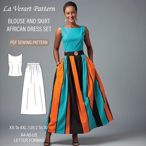 May include: A PDF sewing pattern for a blouse and skirt African dress set. The pattern includes sizes XS to 4XL, US sizes 2 to 30. The dress is shown in a teal, orange, and black striped fabric.