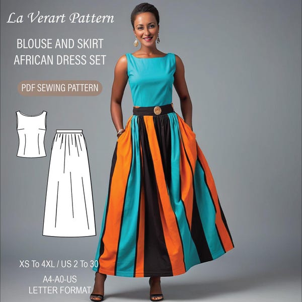 Patrón de costura para falda y blusa larga Kente: Conjunto de vestido africano (PDF)