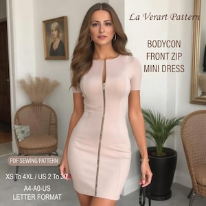 Könnte beinhalten: Ein PDF-Schnittmuster für ein figurbetontes Minikleid mit Reißverschluss vorne. Das Schnittmuster ist in den Größen XS bis 4XL und den deutschen Größen 34 bis 48 erhältlich. Das Schnittmuster ist im Format A4-A0-DE.