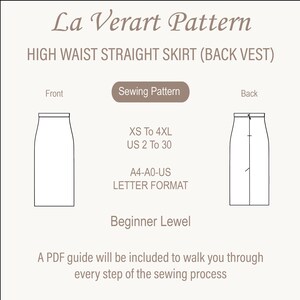 May include: A sewing pattern for a high waist straight skirt with a back vest. The pattern includes sizes XS to 4XL and US sizes 2 to 30. The pattern is in A4-A0-US letter format and is for beginners.