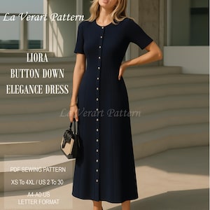 Puede incluir: Vestido elegante abotonado azul marino, de manga corta y largo midi. Presenta botones dorados y costuras verticales. El texto incluye "LIORA BUTTON DOWN ELEGANCE DRESS" y "PDF SEWING PATTERN".