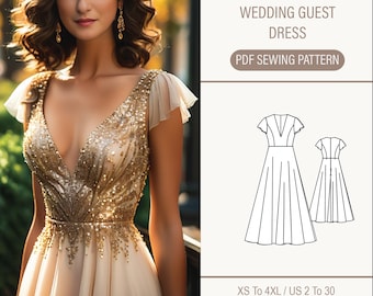 May include: A PDF sewing pattern for a wedding guest dress. The pattern is available in sizes XS to 4XL, US sizes 2 to 30. The pattern is in A4-A0-US letter format. The image shows a line drawing of the dress.