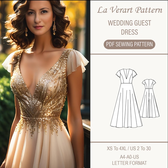 V neck wedding guest dress sewing pattern, Wedding dress pattern, Cocktail dress pattern, A0 A4 US Letter Format - Size: US 2 to 30