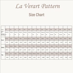 May include: Size chart for clothing with measurements in inches and centimeters. The chart shows bust, waist, and hip measurements for US sizes 2 through 30 and corresponding European sizes 32 through 60.