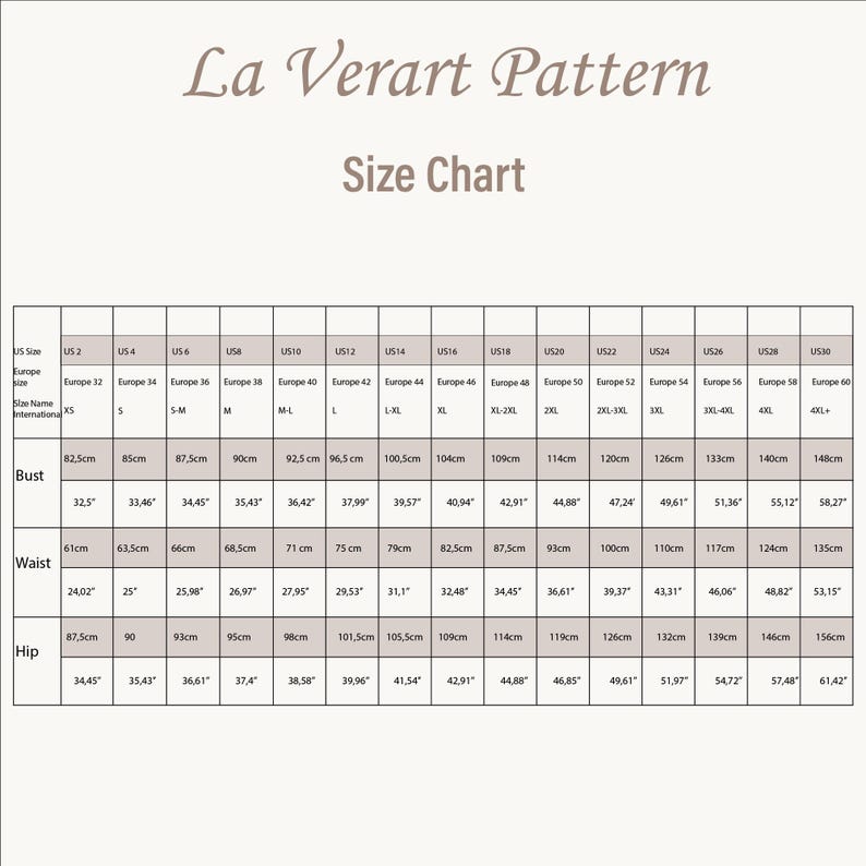 May include: Size chart for clothing with measurements in inches and centimeters. The chart shows bust, waist, and hip measurements for US sizes 2 through 30 and corresponding European sizes 32 through 60.