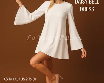 Bell Sleeve Mini Dress Sewing Pattern: Women's Sizes XS-4XL (PDF Digital Download A0/A4/Letter Format)