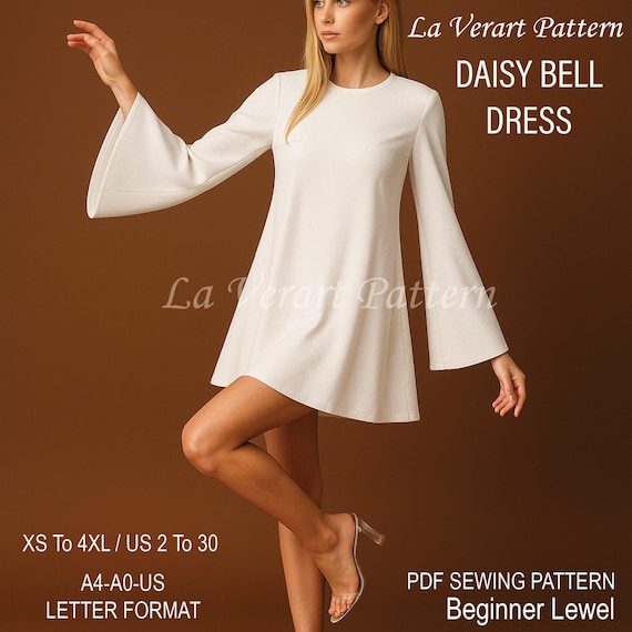 Bell Sleeve Mini Dress Sewing Pattern: Women's Sizes XS-4XL (PDF Digital Download A0/A4/Letter Format)