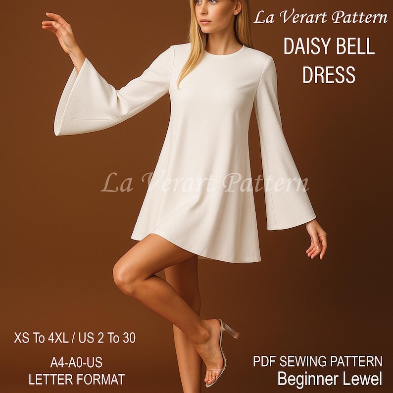Puede incluir: Un vestido blanco Daisy Bell con mangas largas y acampanadas. El vestido tiene un escote redondo y una falda ligeramente acampanada. El texto en la imagen dice "La Verart Pattern" y "DAISY BELL DRESS". La imagen tambi&eacute;n incluye texto sobre tallas y un patr&oacute;n de costura PDF.