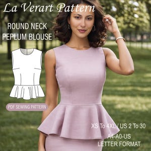 Molde de costura para blusa peplum, molde de blusa feminina, molde de blusa curta, blusa sem mangas, tamanho: A0 A4 Carta EUA - EUA 2 a 30